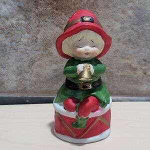 Vintage Elf Pixie Sitting  on Red Drum Playing Horn Christmas Bell